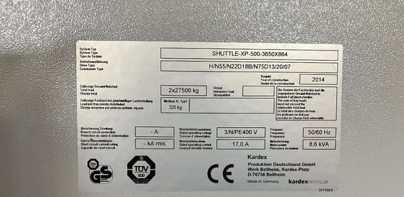 Kardex Shuttle XP 500 3650 X 864 Vertical Lift Module