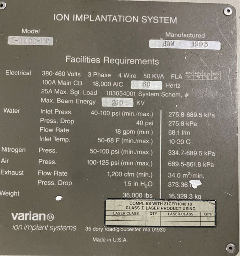 Varian E 1000 HP Ion Implanter