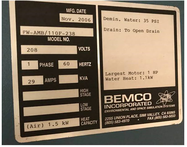 Bemco FW-AMB / 110 F - 238 Environmental Chamber