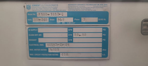 Crest Ultrasonics F 100 1812 C Ultrasonic Solvent Cleaning System