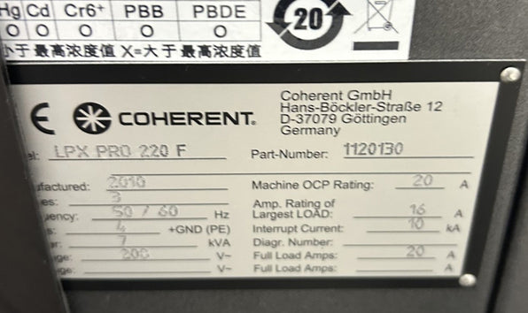 Coherent LPX Pro 220 F Excimer Laser