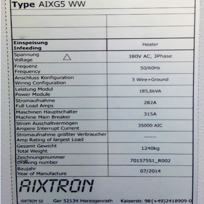 Aixtron G 5 MOCVD Reactor (Metal Organic Chemical Vapor Deposition)
