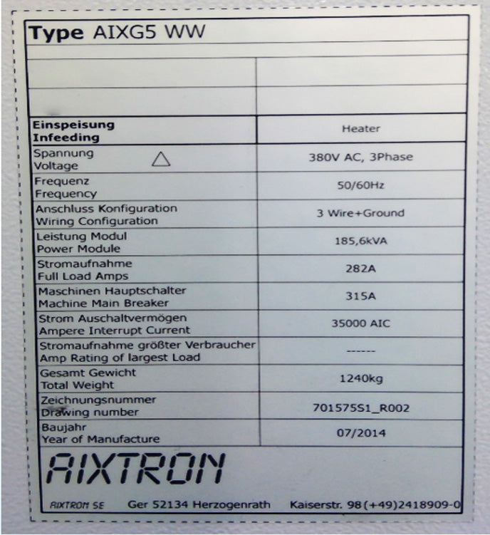 Aixtron G 5 MOCVD Reactor (Metal Organic Chemical Vapor Deposition)