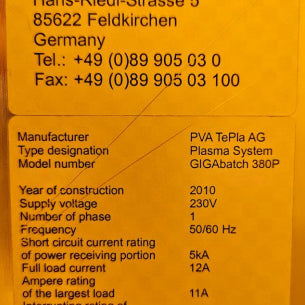 PVA TePla GIGAbatch 380 P Plasma Cleaner