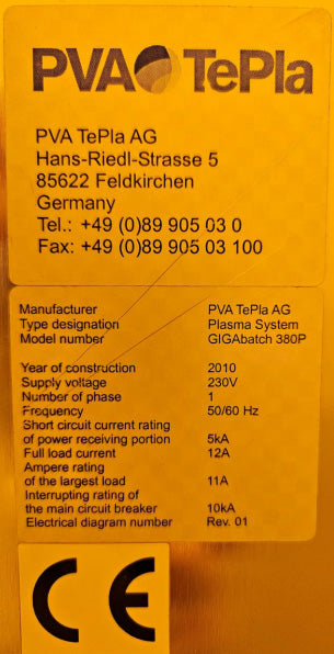 PVA TePla GIGAbatch 380 P Plasma Cleaner