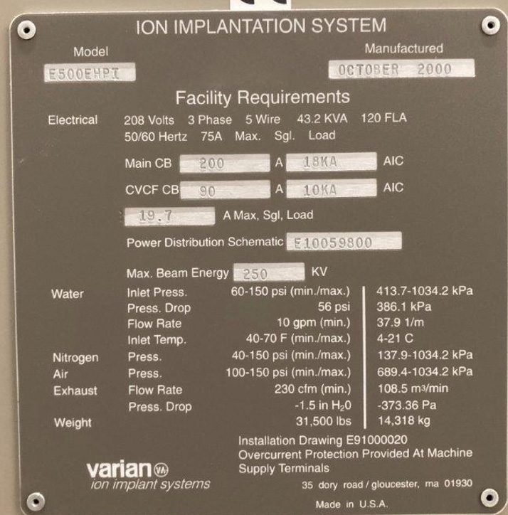 Varian E 500 EHPI Medium Current Implanter