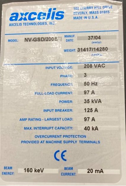 Axcelis NV GSD 200 E Medium Current Ion Implanter