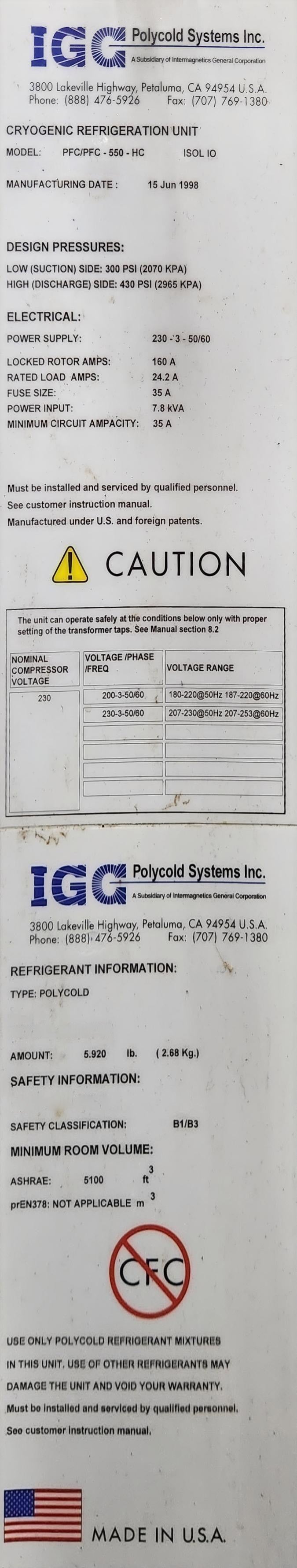 IGC Polycold Systems PFC 550 HC Cryogenic Refrigeration Unit