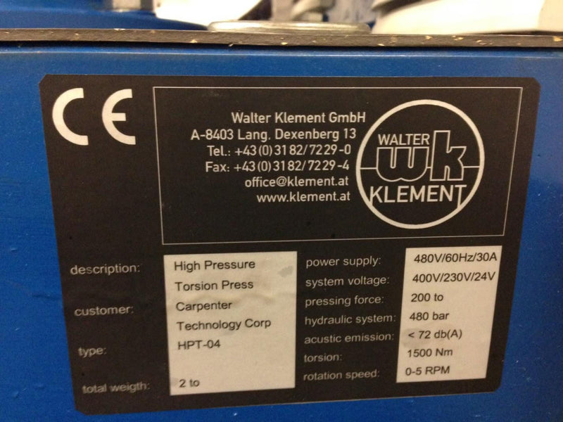 Klement High Pressure Torsion Press