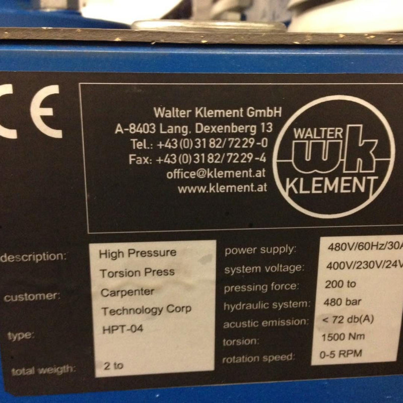 Klement High Pressure Torsion Press