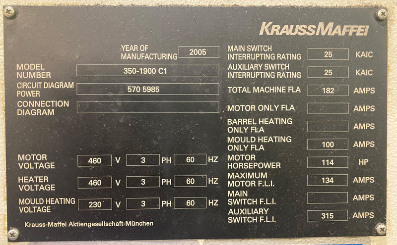 Krauss Maffei 350 1900 C 1 Molding Press