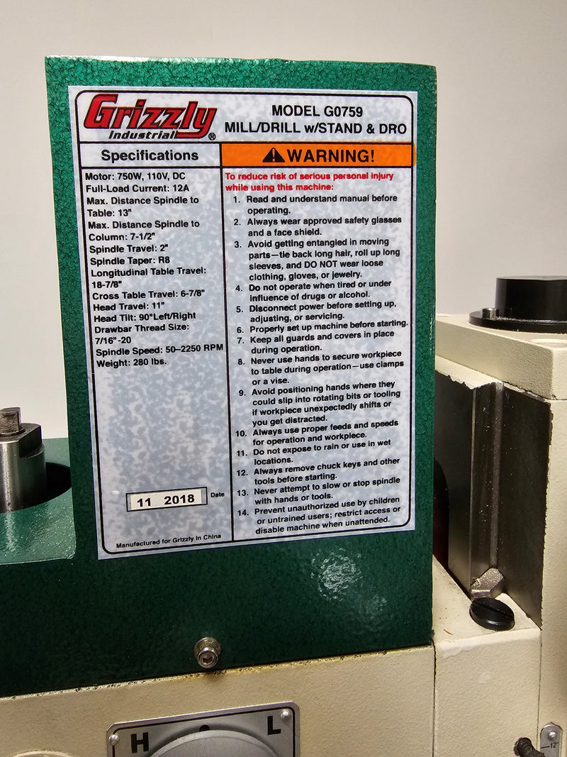Grizzly G 0759 Milling / Drilling Machine