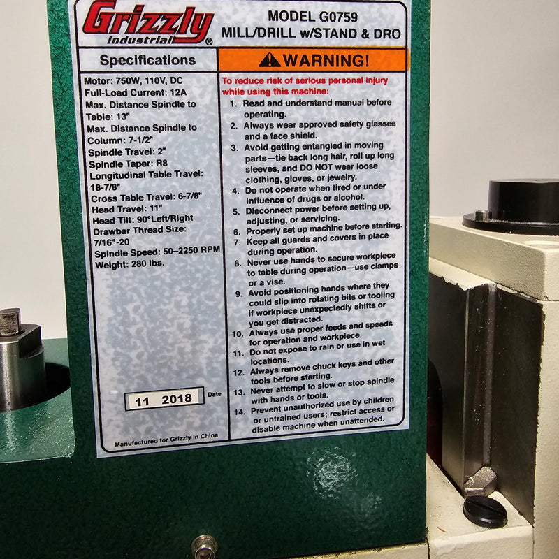 Grizzly G 0759 Milling / Drilling Machine
