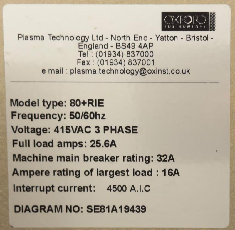 Oxford Plasmalab 80 Plus RIE (Reactive Ion Etcher)