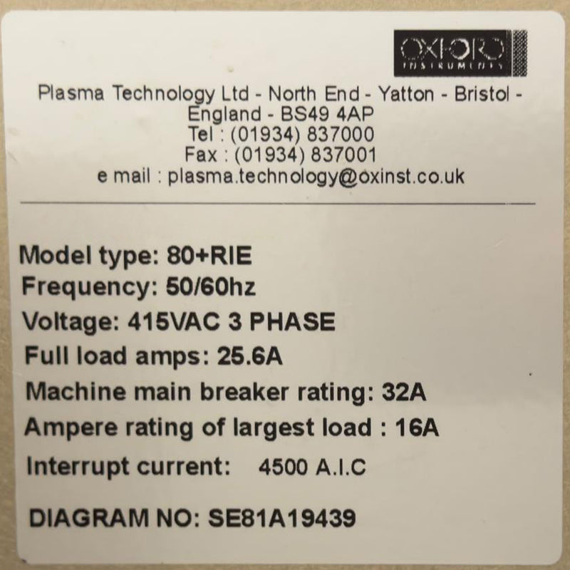 Oxford Plasmalab 80 Plus RIE (Reactive Ion Etcher)