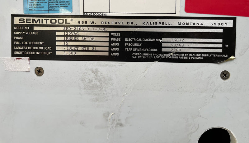 Semitool 240 S-3-1-E-ML SRD (Spin Rinse Dryer)