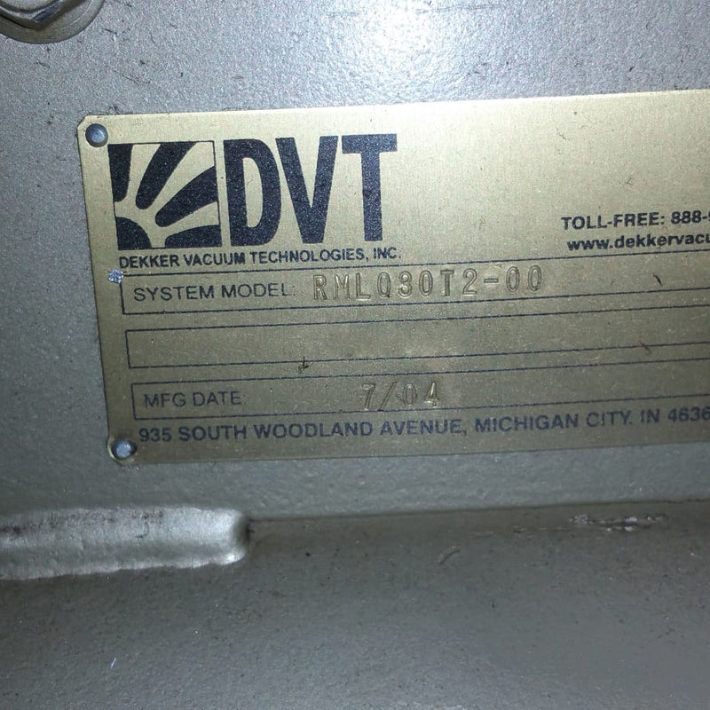 Dekker Vacuum Technologies RML 030 T 2 00 Vacuum Pump System