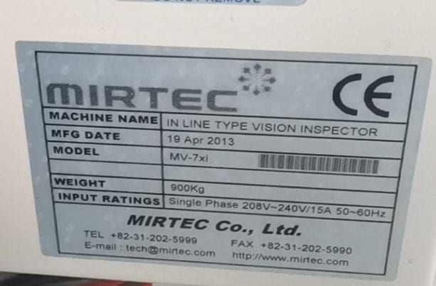 Mirtec MV 7 XI In-Line Vision Inspector