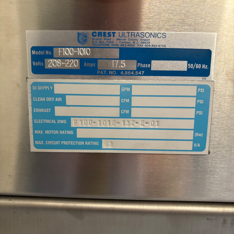 Crest Ultrasonics F 100 1010 Cleaning System