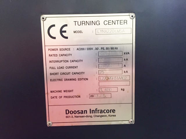 Doosan LYNX 220 LMSA Horizontal Lathe