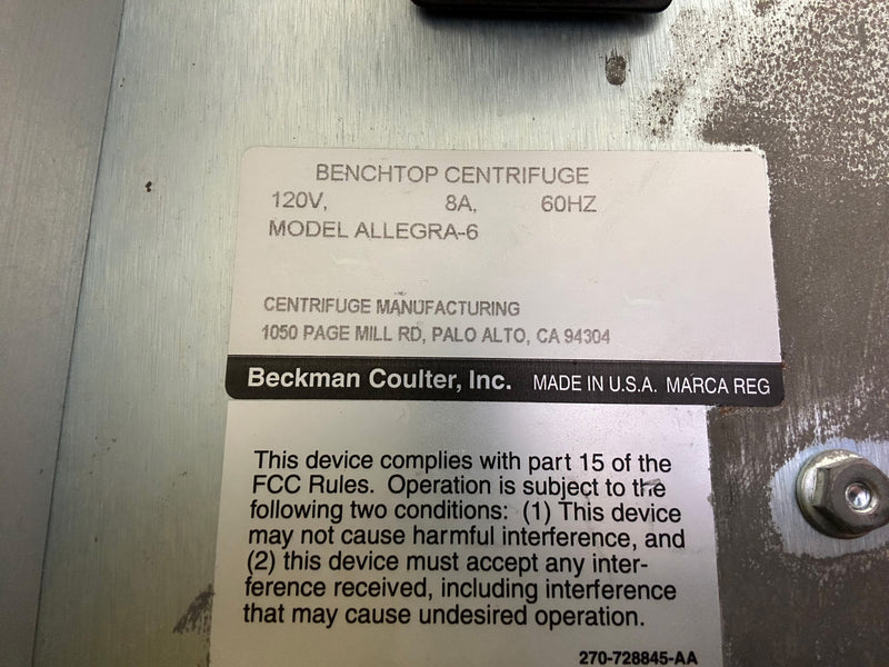 Beckman Coulter Allegra 6 Benchtop Centrifuge