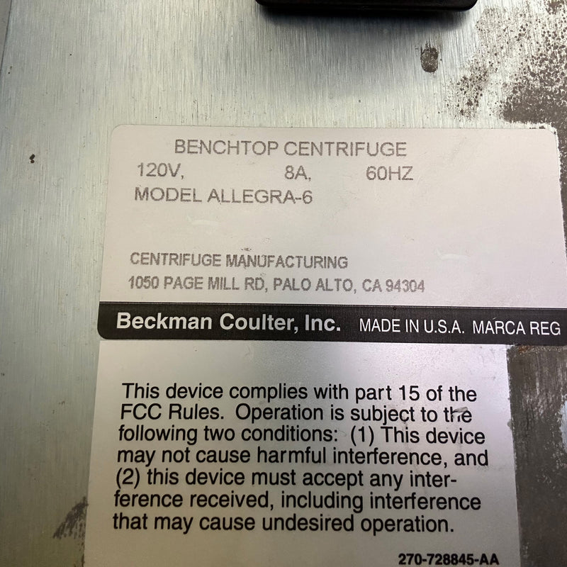 Beckman Coulter Allegra 6 Benchtop Centrifuge