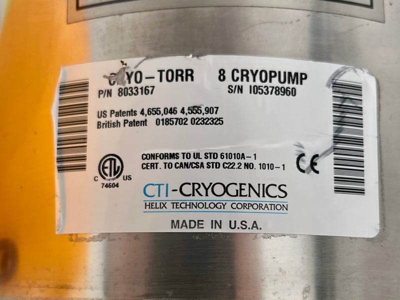 CTI Cryo-Torr 8 High Vacuum Cryopump
