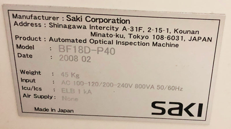 Saki BF 18 D P 40 AOI (Automated Optical Inspection)