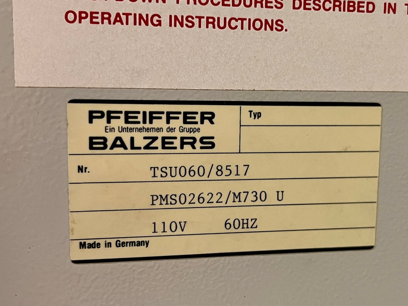 Balzers Pfeiffer TSU 060 8517 / PK D 40 603 B / TCP 121 Vacuum Pump Assembly