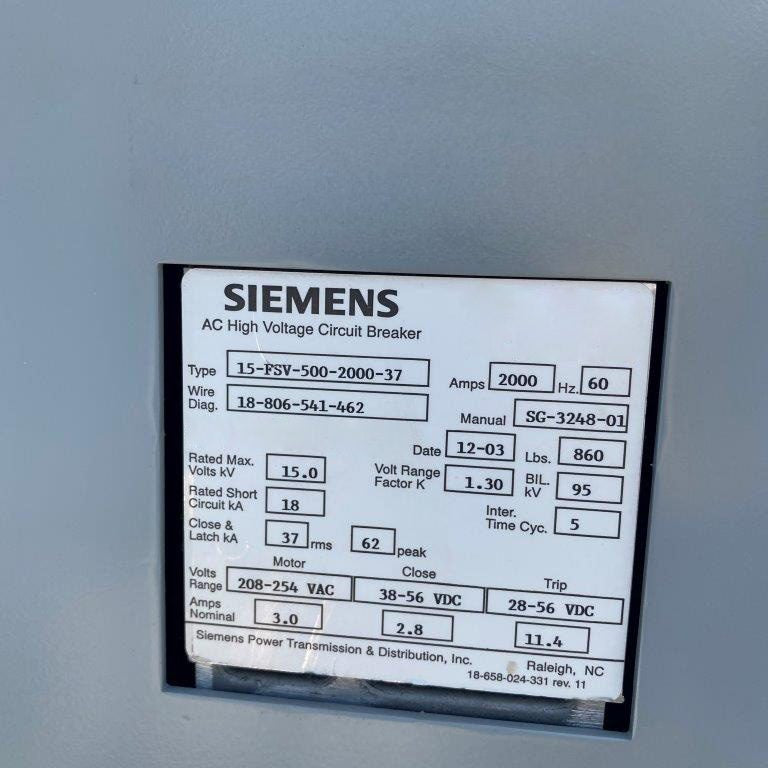 Siemens 15-FSV-500-2000-37 Circuit Breaker