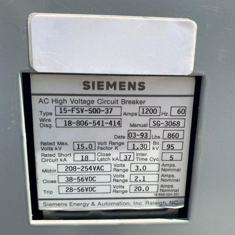 Siemens 15-FSV-500-37 Circuit Breaker