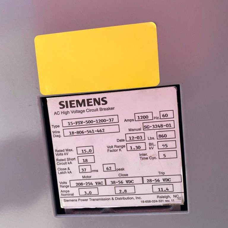 Siemens 15-FSV-500-1200-37 Circuit Breaker