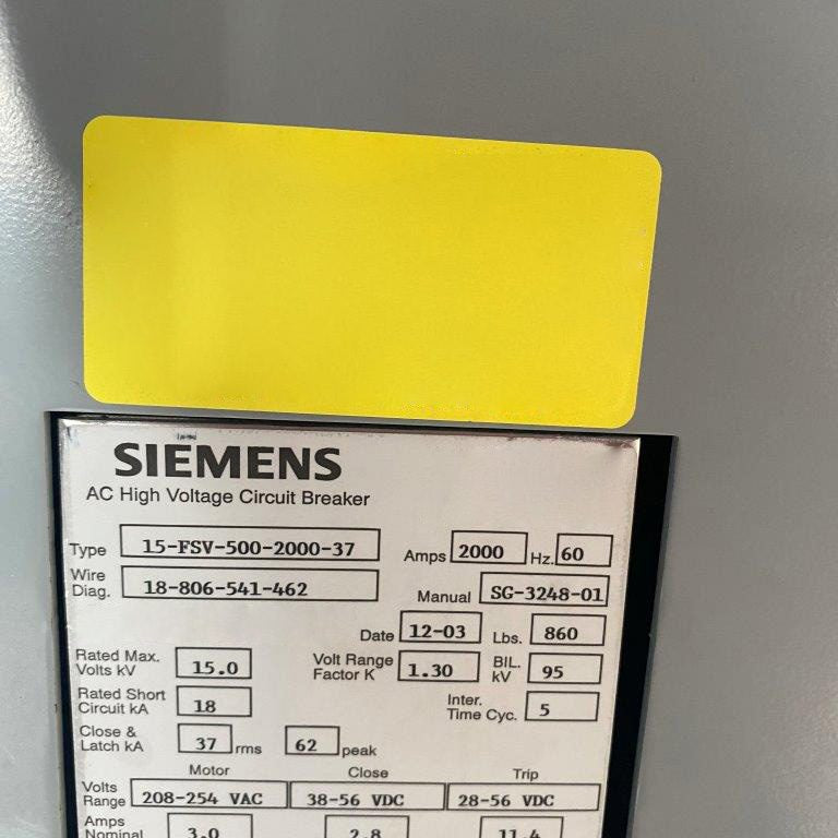 Siemens 15-FSV-500-2000-37 Circuit Breaker