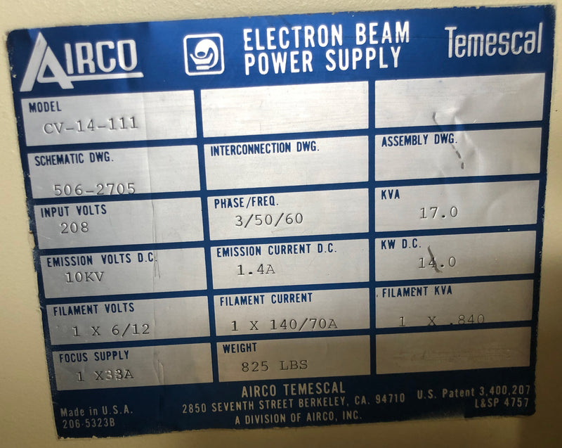 Ferrotec / Temescal CV 14 111 E-Beam Power Supply
