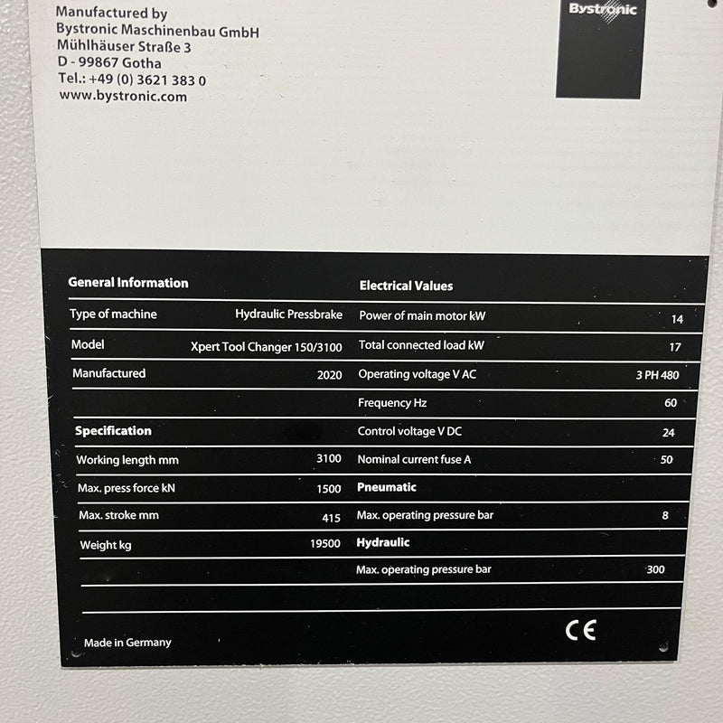 Bystronic Xpert Tool Change 150/3100 Brake Press