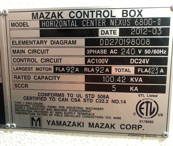 Mazak Horizontal Center Nexus 6800 II CNC