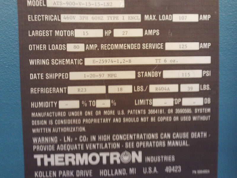 Thermotron ATS 900 Y 15-15-LN 2 Thermal Shock Stress Test Chamber