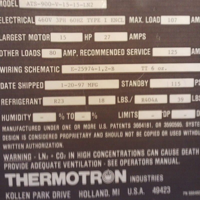 Thermotron ATS 900 Y 15-15-LN 2 Thermal Shock Stress Test Chamber