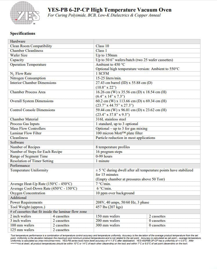Yes 450 PB 6-2 P Polyimide Bake Oven