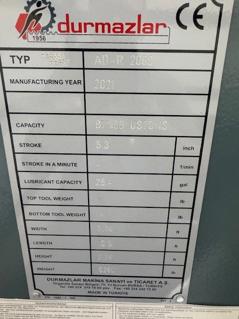 Durmazlar AD R 2060 CNC Press Brake