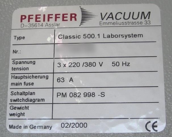 Pfeiffer Classic 500.1 PVD Evaporator (Physical Vapor Deposition)