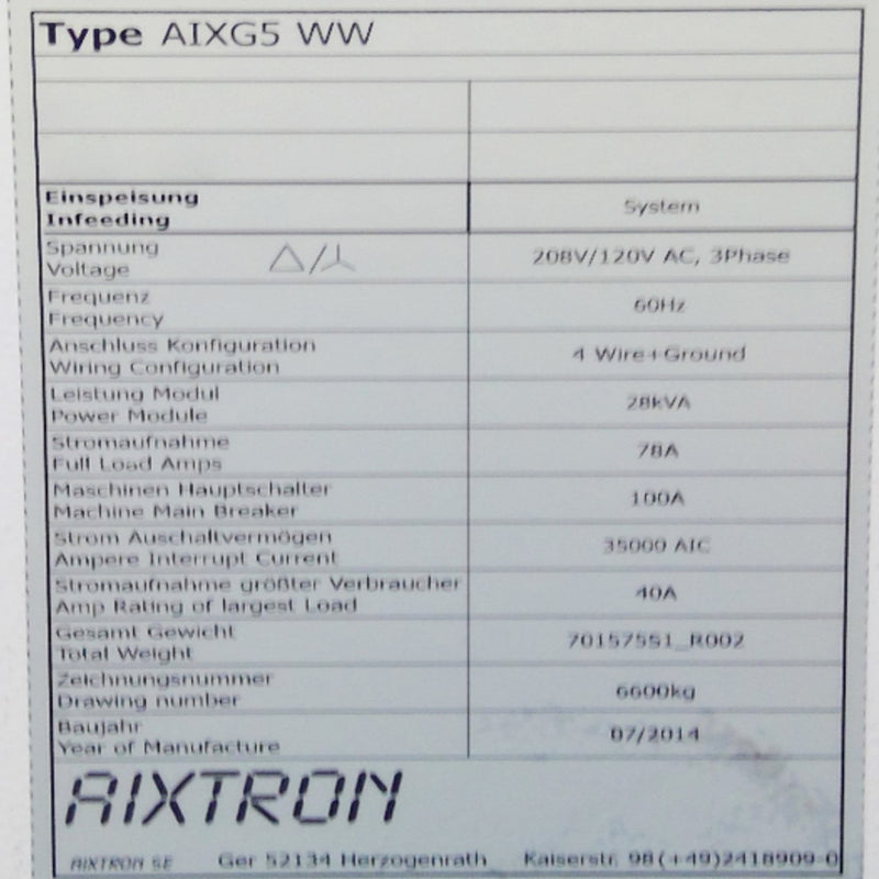 Aixtron AIX G 5 WW EPI Reactor (Epitaxial Silicon Deposition)
