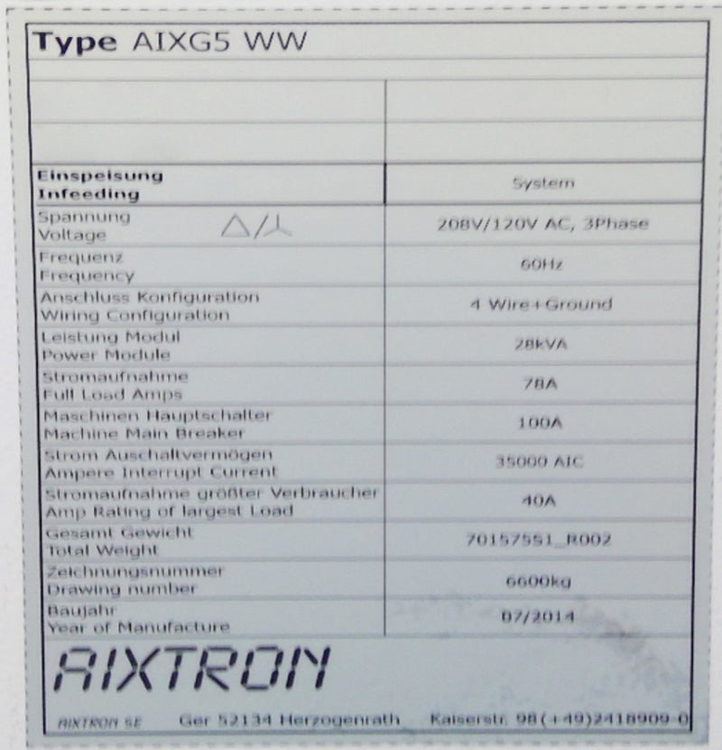 Aixtron AIX G 5 WW EPI Reactor (Epitaxial Silicon Deposition)
