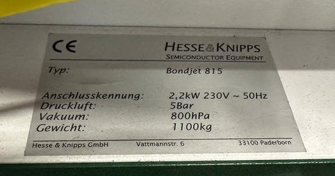 Hesse & Knipps (H&K) Bondjet BJ 815 Wire Bonder