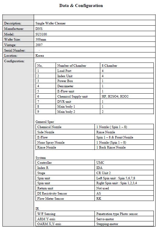 SCREEN / DNS SU 3100 Single Wafer Cleaner