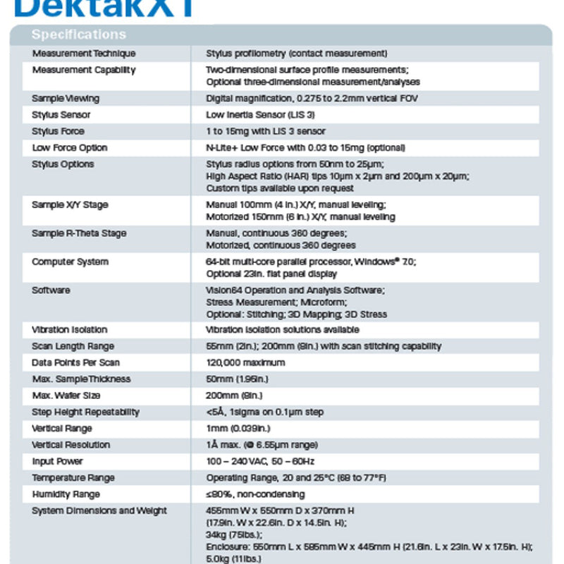 Bruker / Veeco Dektak XT Profilometer
