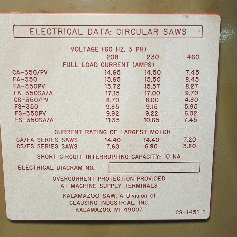 Kalamazoo FA 350 S Cold Saw