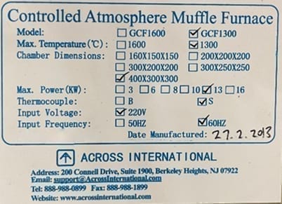 Across International GCF 1300 High Temperature Furnace