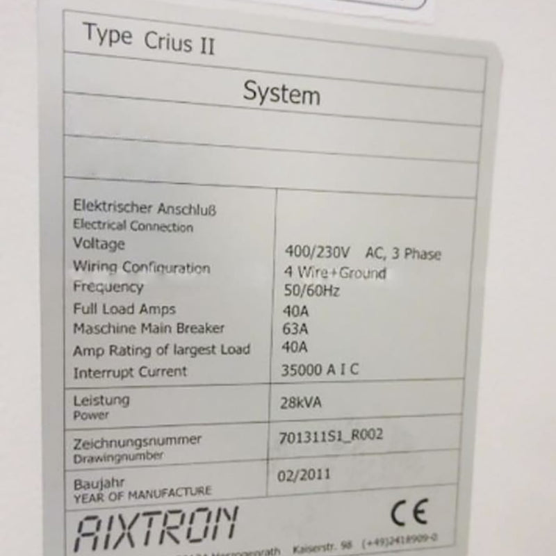 Aixtron Crius II Close Coupled Showerhead MOCVD System (Metal Organic Chemical Vapor Deposition)
