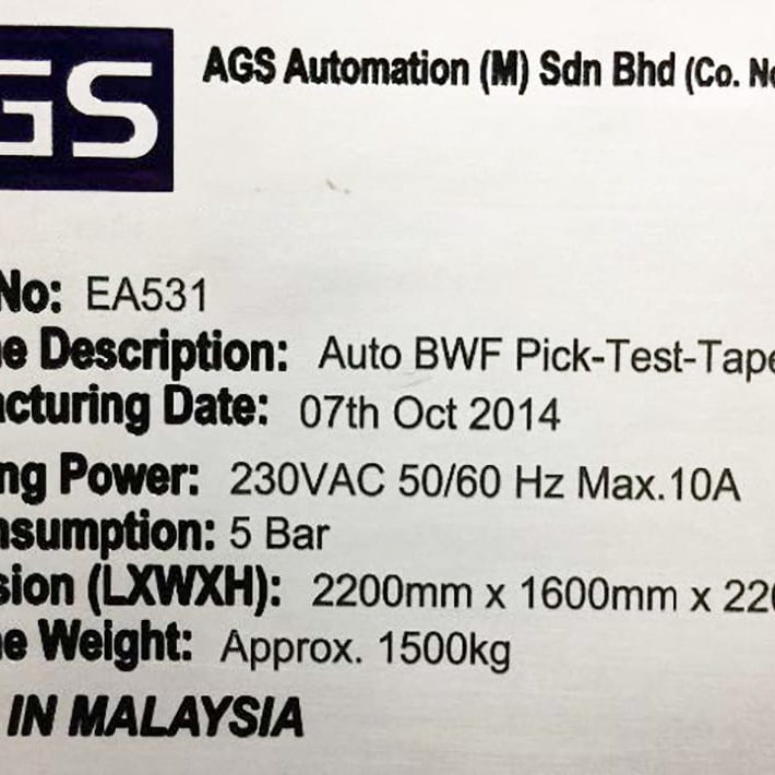 AGS Automation EA 531 Auto BWF Pick-Test-Tape Handler